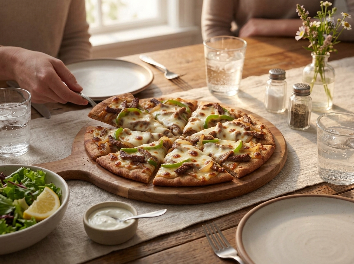 Two people sharing sliced flatbread at a linen-covered table with a green salad and lemon wedges