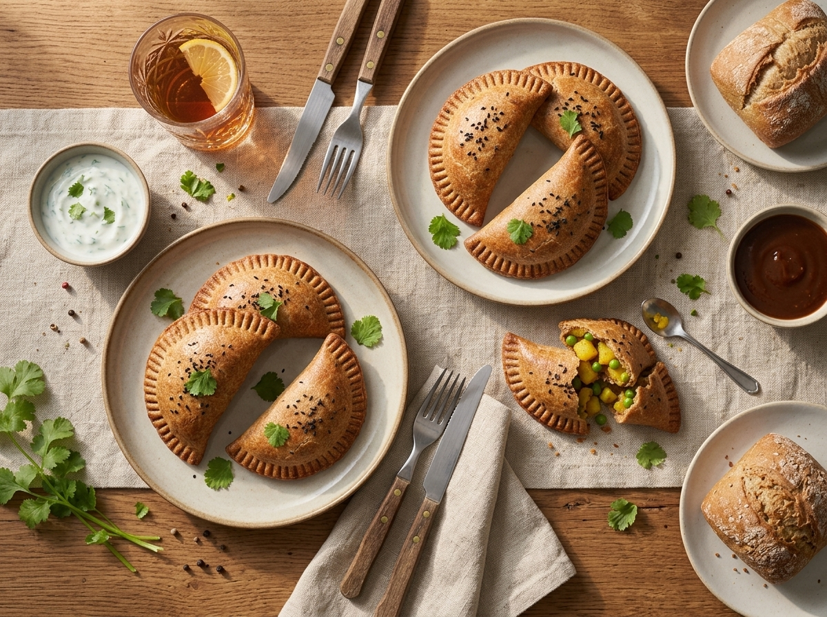 Two plates of warm pies with mint yogurt and chutney bowls, a linen napkin, and iced tea nearby