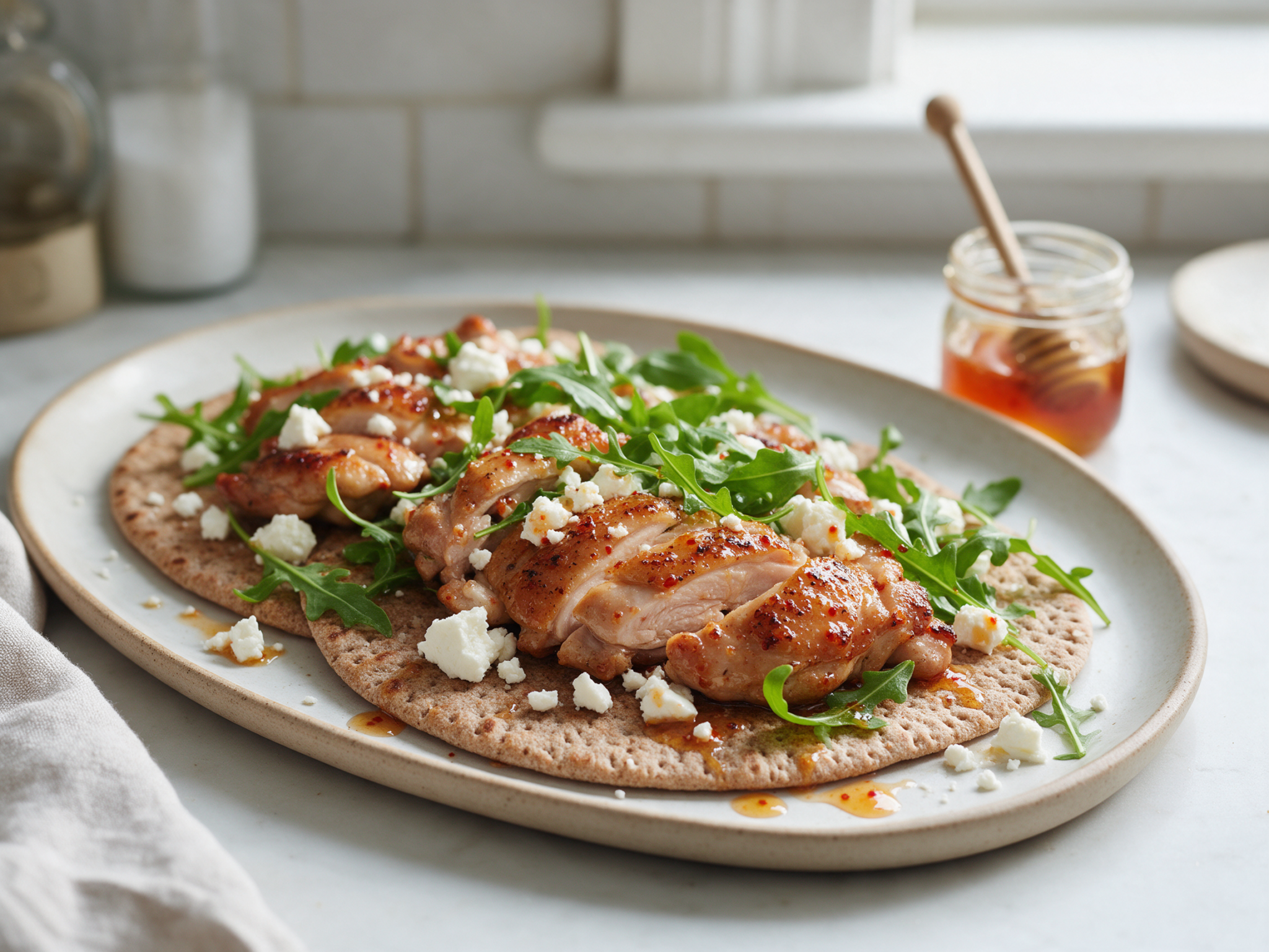 Spelt flatbreads with sliced seared chicken, feta, arugula and a hot honey drizzle on a platter