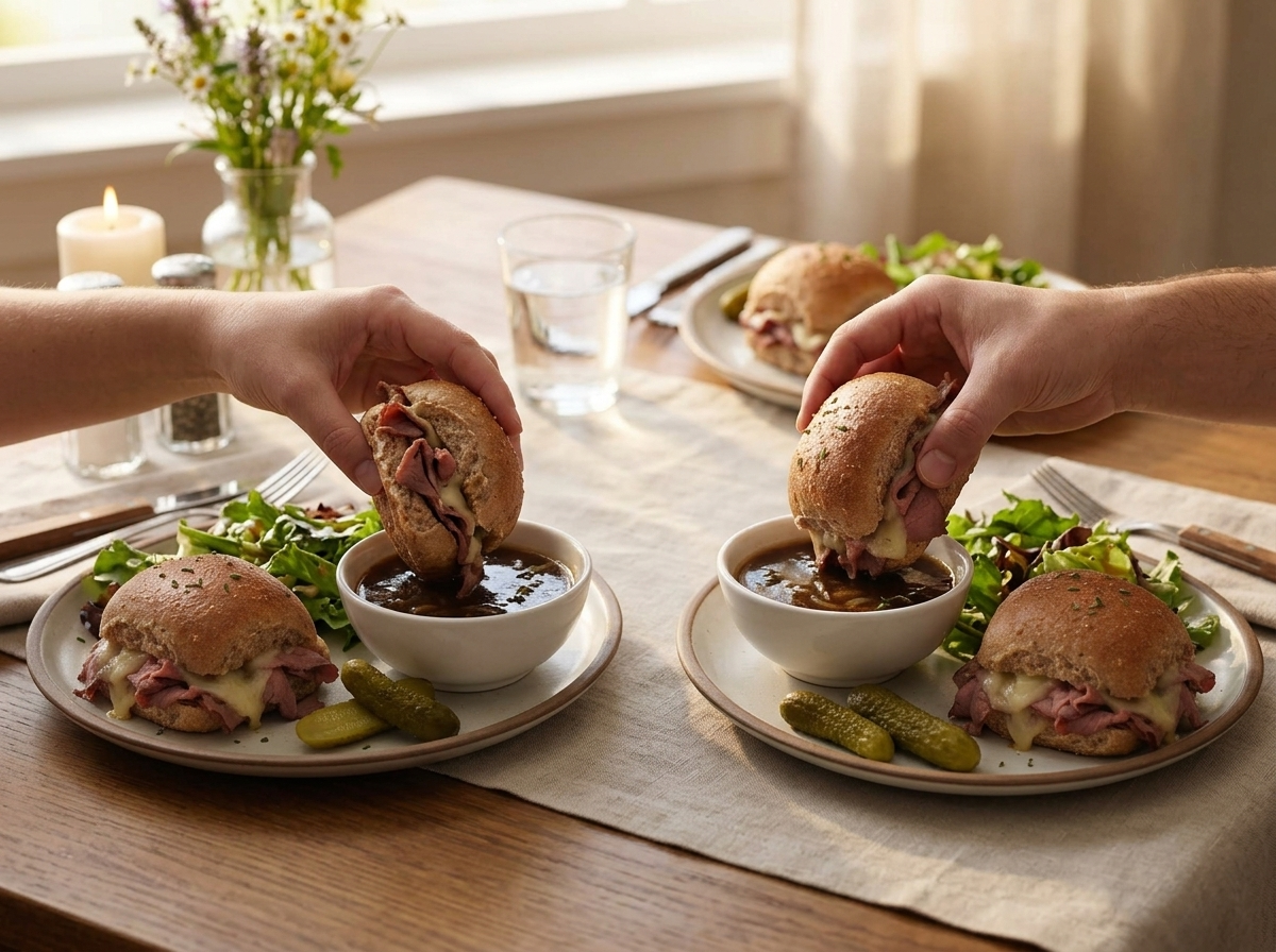 Two friends dipping sandwiches into small white bowls at a linen-covered table with pickles and salad nearby