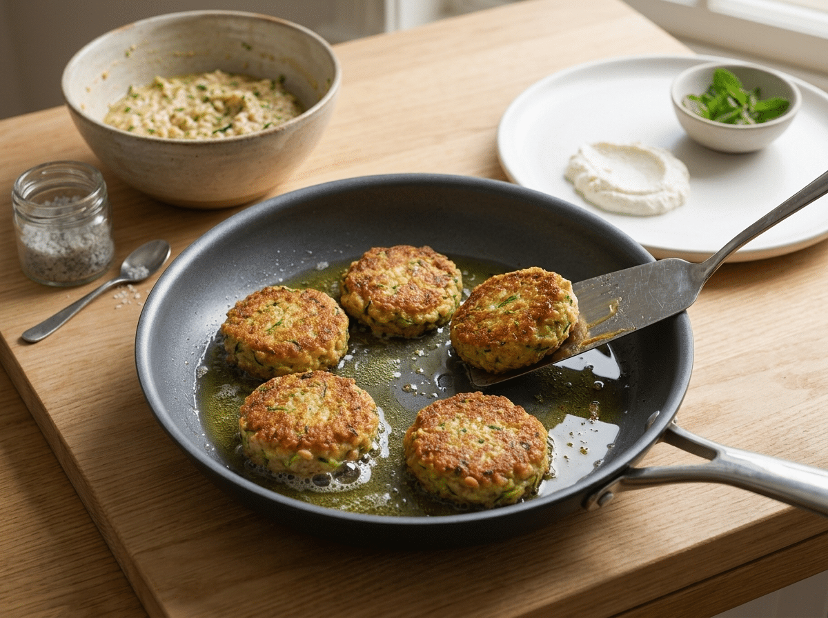 Four fritters frying in oil in a 26 cm nonstick skillet, edges turning brown as a spatula lifts one corner